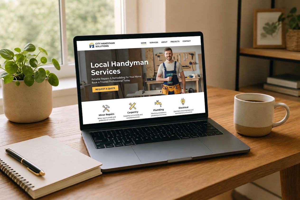A warm, inviting workspace with a laptop showing a beautiful website design